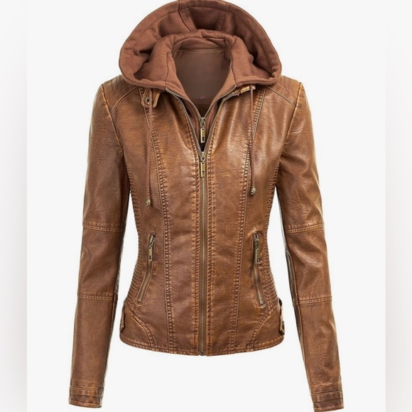 Jackets & Blazers - Women's Removable Hooded Faux Leather Jacket Moto Biker Coat -camel